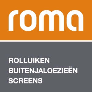 ROMA Schriftzug auf orange, darunter Rollladen, Raffstoren Textilscreens auf grau